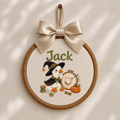 Personalized Halloween Witch Duck Nursery Decor, Custom Name Embroidered Oval Hoop Art, Spooky Crafty Duck Sewing Room Wall Sign