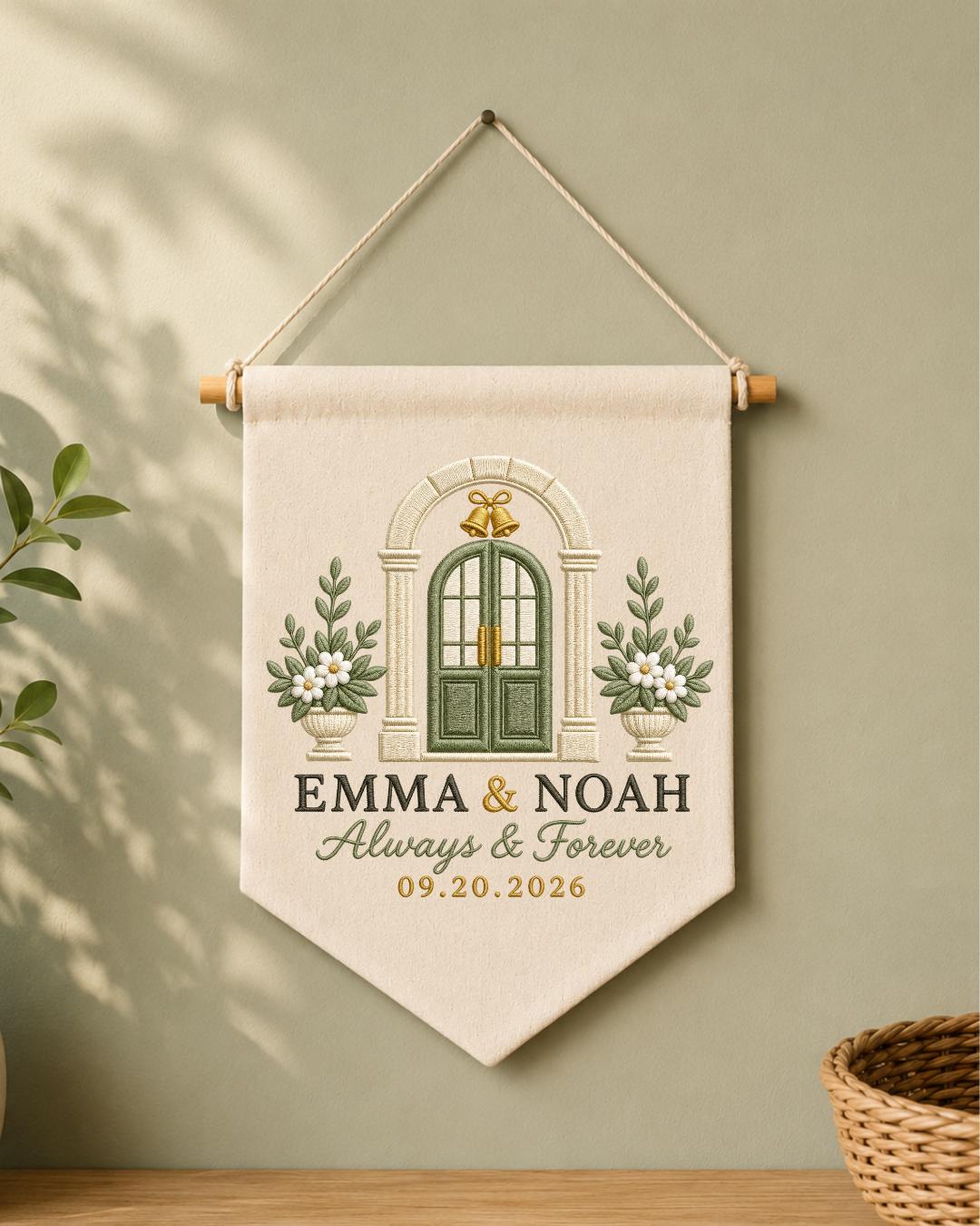 Personalized Wedding Wall Hanging, Custom Couple Names and Date Embroidered Banner, Wedding Keepsake Decor, Anniversary or Newlywed Gift