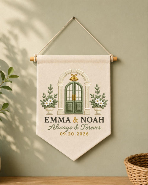 Personalized Wedding Wall Hanging, Custom Couple Names and Date Embroidered Banner, Wedding Keepsake Decor, Anniversary or Newlywed Gift