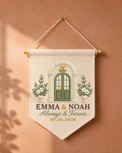 Personalized Wedding Wall Hanging, Custom Couple Names and Date Embroidered Banner, Wedding Keepsake Decor, Anniversary or Newlywed Gift