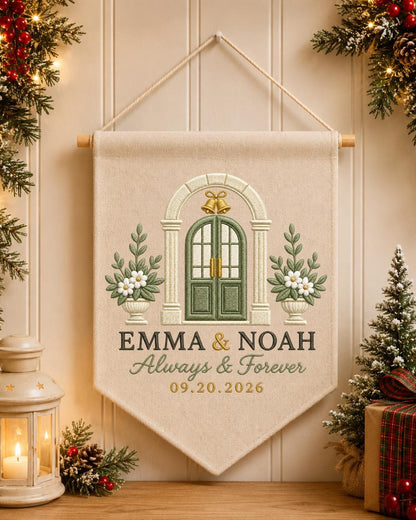 Personalized Wedding Wall Hanging, Custom Couple Names and Date Embroidered Banner, Wedding Keepsake Decor, Anniversary or Newlywed Gift
