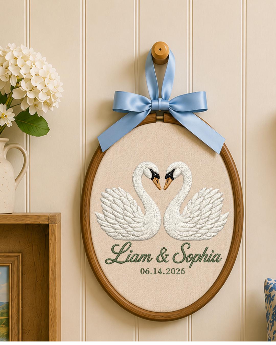 Personalized Embroidered Swan Couple Ornament, Custom Names and Date Hoop, Wedding Anniversary Gift, Romantic Couple Keepsake