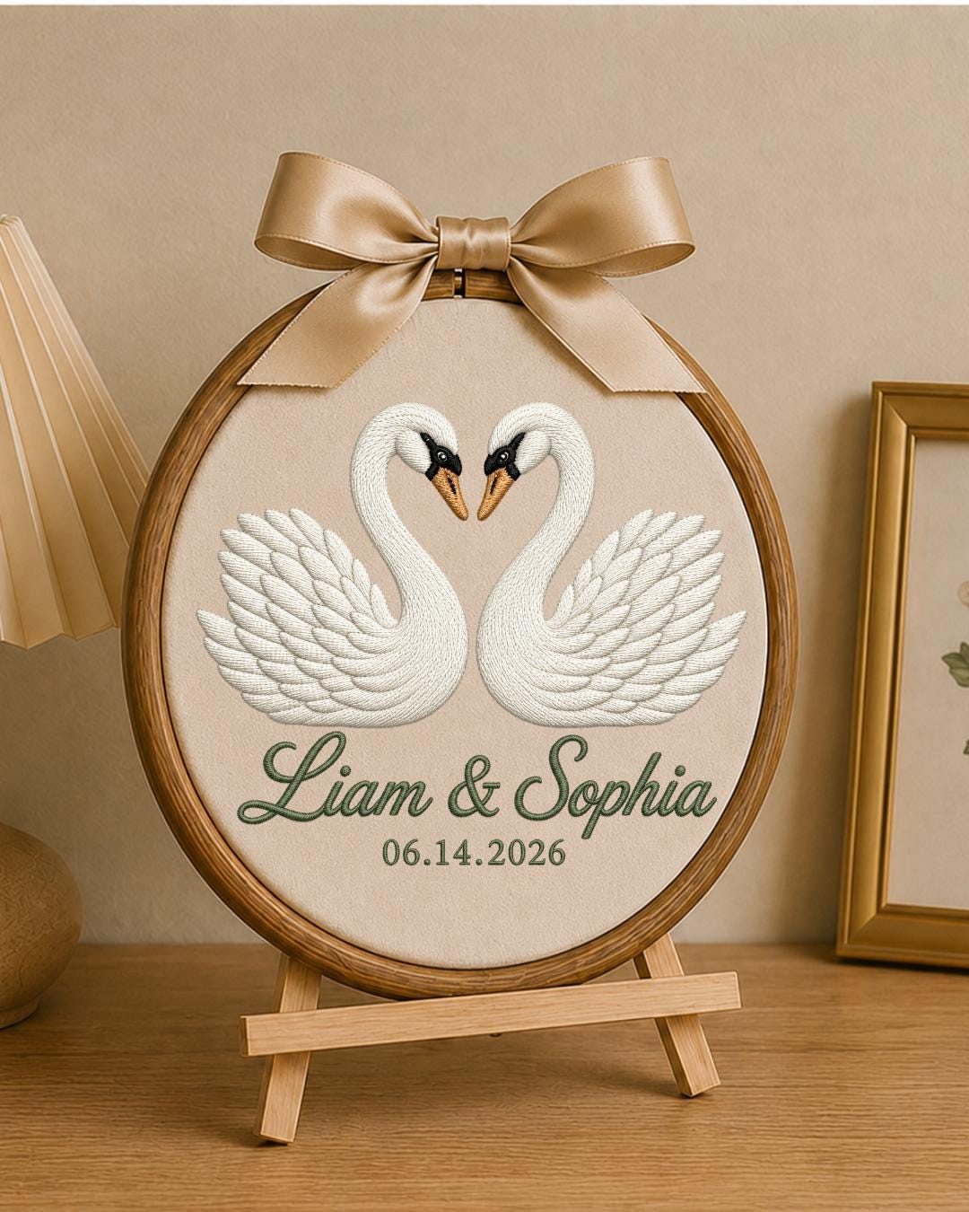 Personalized Embroidered Swan Couple Ornament, Custom Names and Date Hoop, Wedding Anniversary Gift, Romantic Couple Keepsake