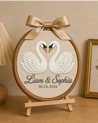 Personalized Embroidered Swan Couple Ornament, Custom Names and Date Hoop, Wedding Anniversary Gift, Romantic Couple Keepsake