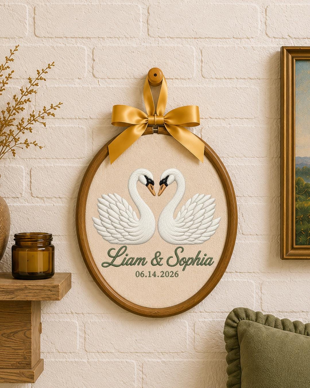 Personalized Embroidered Swan Couple Ornament, Custom Names and Date Hoop, Wedding Anniversary Gift, Romantic Couple Keepsake