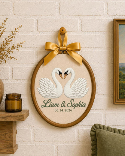 Personalized Embroidered Swan Couple Ornament, Custom Names and Date Hoop, Wedding Anniversary Gift, Romantic Couple Keepsake