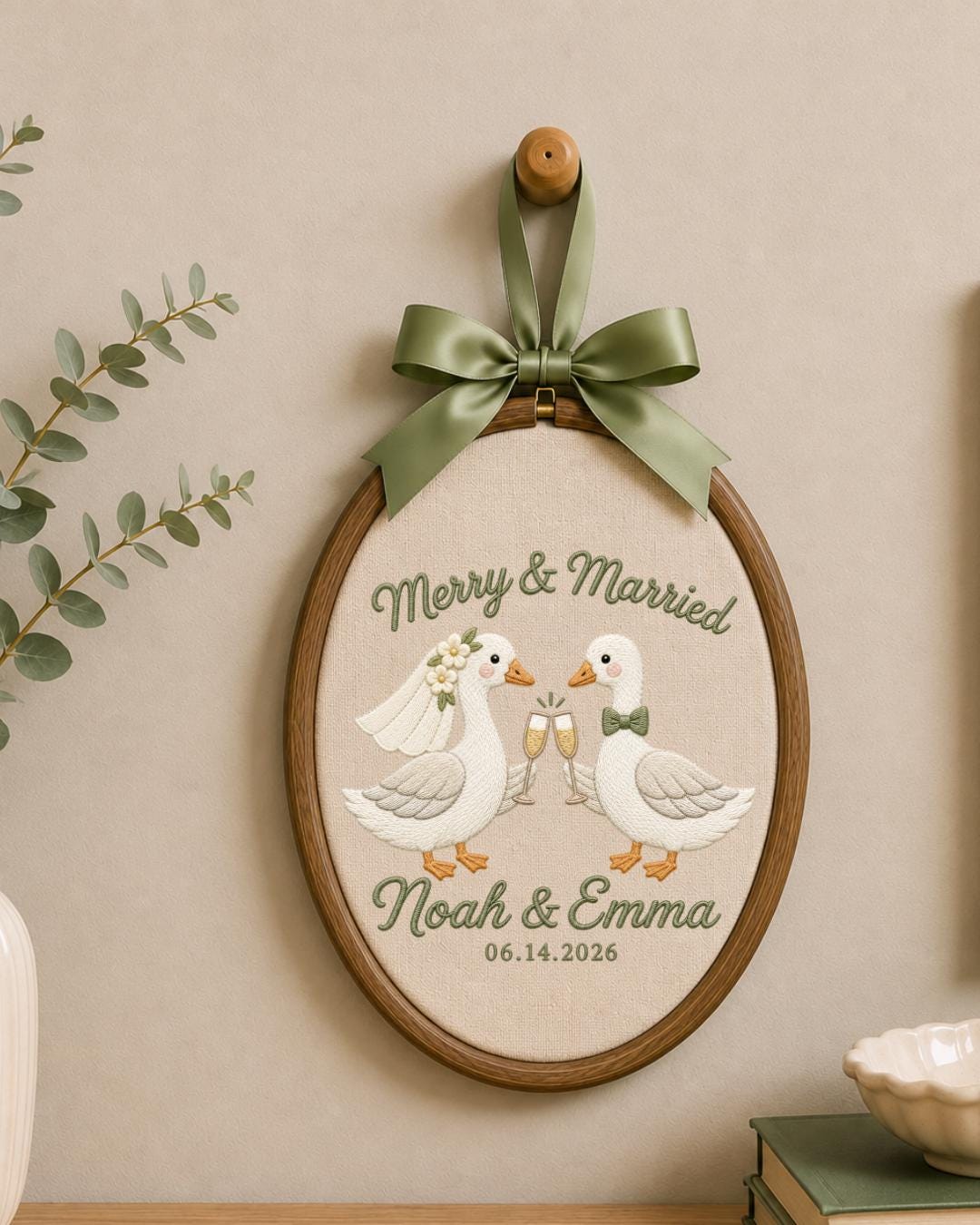 Personalized Embroidered Wedding Goose Ornament, Custom Couple Names and Date Hoop, Newlywed Gift, Wedding Keepsake, Anniversary Decor