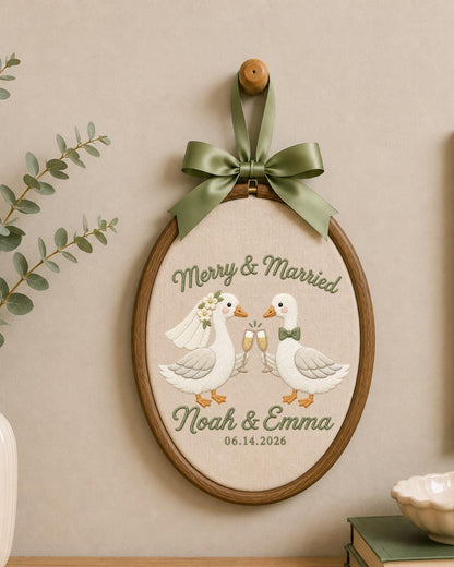 Personalized Embroidered Wedding Goose Ornament, Custom Couple Names and Date Hoop, Newlywed Gift, Wedding Keepsake, Anniversary Decor
