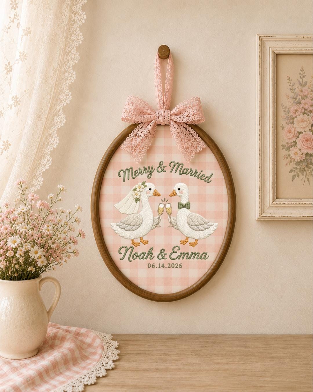 Personalized Embroidered Wedding Goose Ornament, Custom Couple Names and Date Hoop, Newlywed Gift, Wedding Keepsake, Anniversary Decor