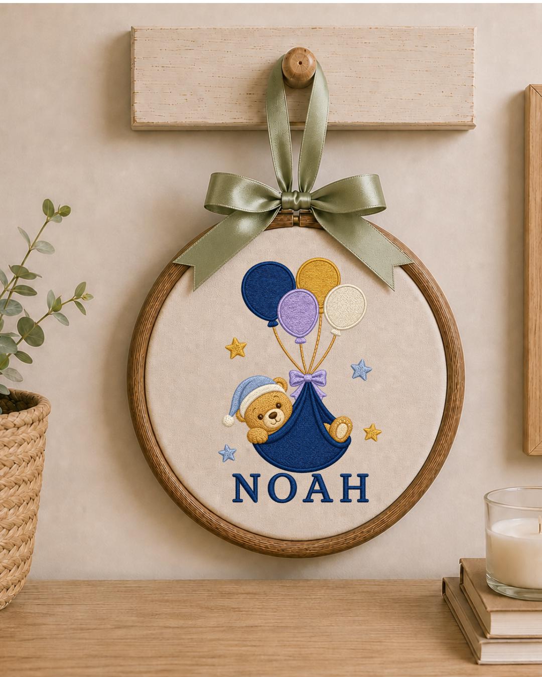 Personalized Embroidered Teddy Bear Ornament, Custom Baby Name Hoop, Balloon Nursery Decor, Baby Boy Gift, Newborn Keepsake