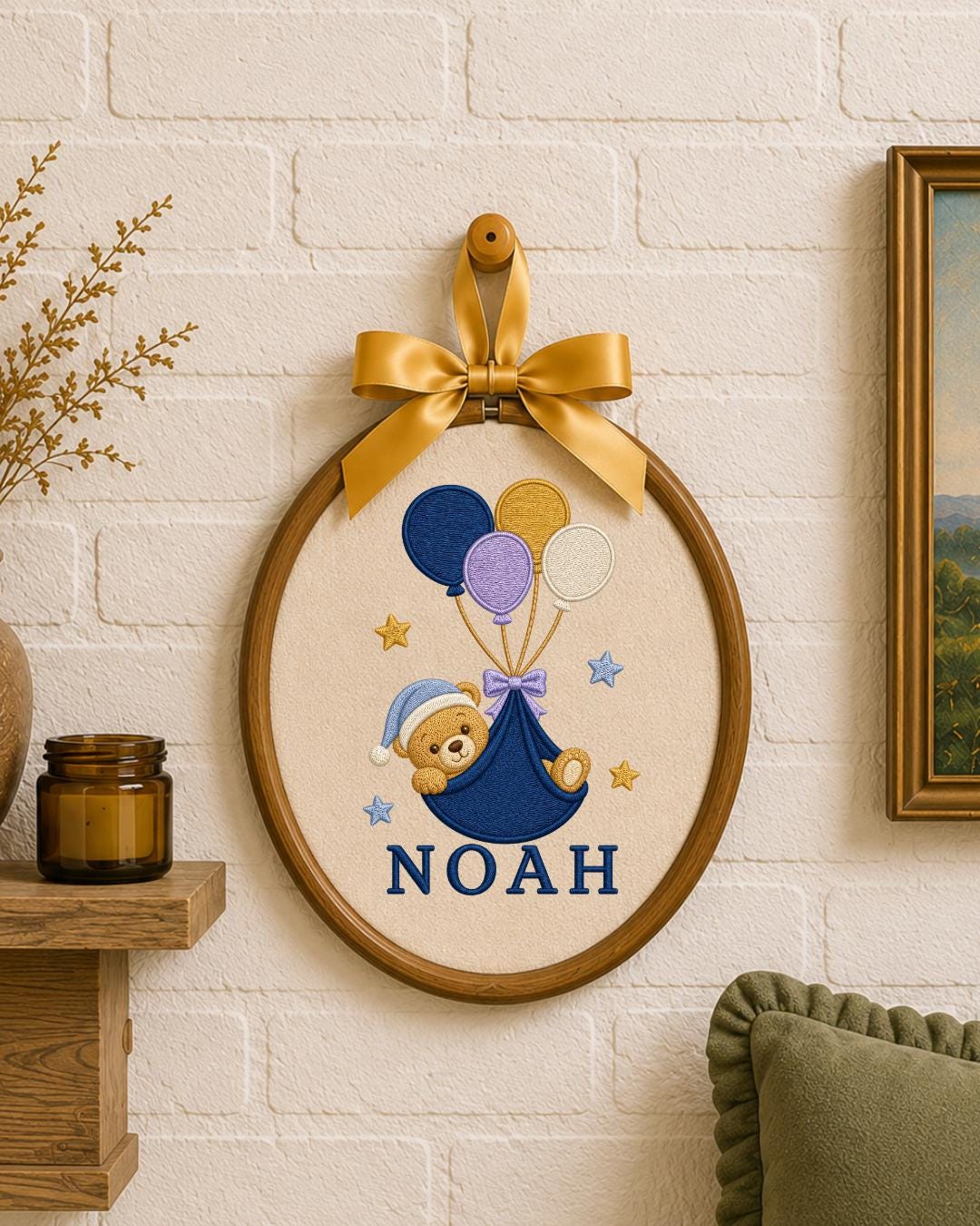 Personalized Embroidered Teddy Bear Ornament, Custom Baby Name Hoop, Balloon Nursery Decor, Baby Boy Gift, Newborn Keepsake