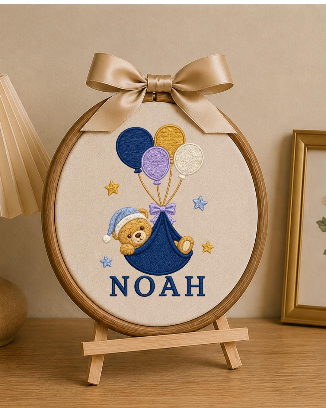 Personalized Embroidered Teddy Bear Ornament, Custom Baby Name Hoop, Balloon Nursery Decor, Baby Boy Gift, Newborn Keepsake