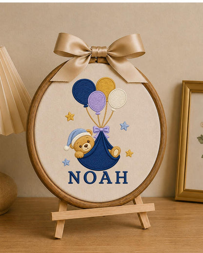 Personalized Embroidered Teddy Bear Ornament, Custom Baby Name Hoop, Balloon Nursery Decor, Baby Boy Gift, Newborn Keepsake