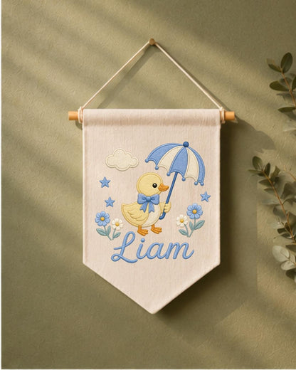 Personalized Duck Nursery Wall Hanging, Custom Name Embroidered Banner, Umbrella Goose Baby Room Decor, Baby Boy Nursery Gift