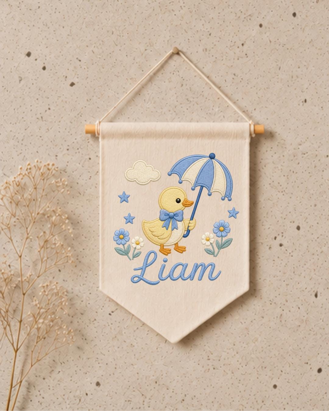 Personalized Duck Nursery Wall Hanging, Custom Name Embroidered Banner, Umbrella Goose Baby Room Decor, Baby Boy Nursery Gift