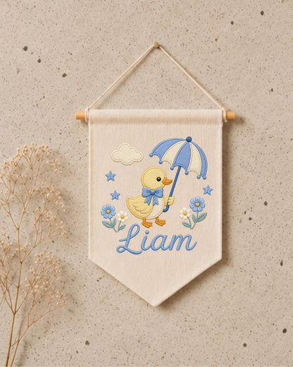 Personalized Duck Nursery Wall Hanging, Custom Name Embroidered Banner, Umbrella Goose Baby Room Decor, Baby Boy Nursery Gift