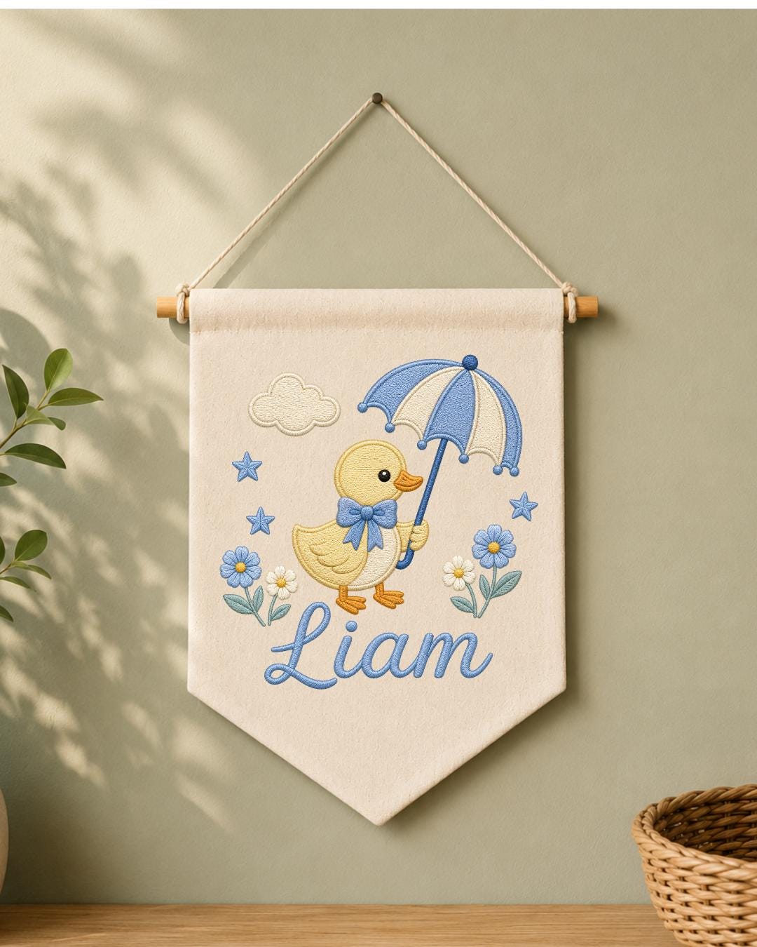 Personalized Duck Nursery Wall Hanging, Custom Name Embroidered Banner, Umbrella Goose Baby Room Decor, Baby Boy Nursery Gift