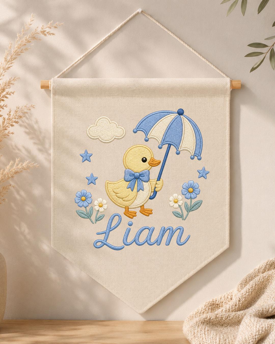 Personalized Duck Nursery Wall Hanging, Custom Name Embroidered Banner, Umbrella Goose Baby Room Decor, Baby Boy Nursery Gift