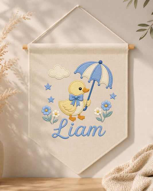 Personalized Duck Nursery Wall Hanging, Custom Name Embroidered Banner, Umbrella Goose Baby Room Decor, Baby Boy Nursery Gift