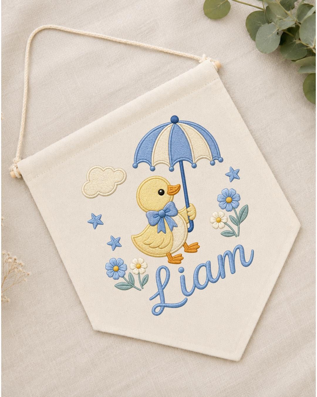 Personalized Duck Nursery Wall Hanging, Custom Name Embroidered Banner, Umbrella Goose Baby Room Decor, Baby Boy Nursery Gift