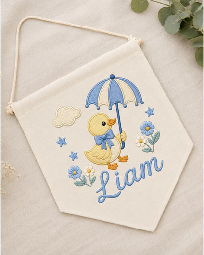 Personalized Duck Nursery Wall Hanging, Custom Name Embroidered Banner, Umbrella Goose Baby Room Decor, Baby Boy Nursery Gift