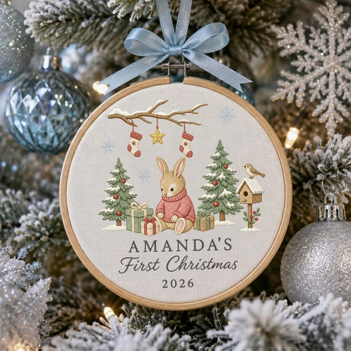 May include: A round wooden embroidery hoop ornament featuring a light-colored fabric with a printed illustration of a rabbit in a pink sweater, Christmas trees, gifts, and stockings. The text reads AMANDA'S First Christmas 2026. A light blue ribbon bow.