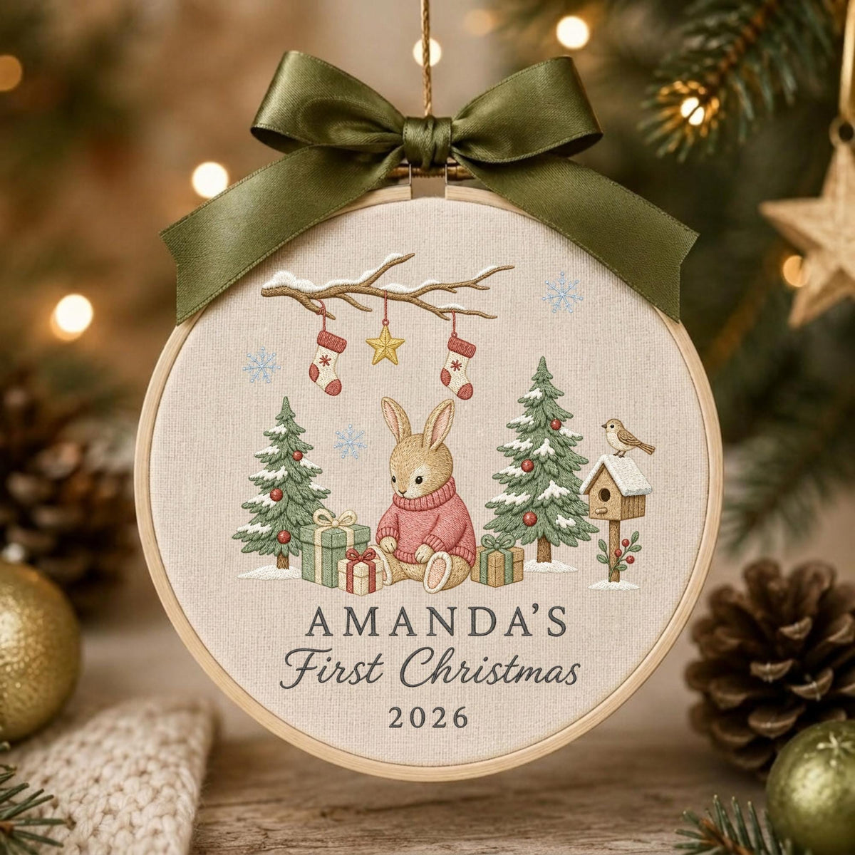 May include: A round embroidery hoop ornament featuring a beige fabric background with a brown rabbit in a pink sweater, two pine trees, gifts, and a birdhouse. Above, a branch holds two stockings and a star. Text reads AMANDA'S First Christmas 2026.