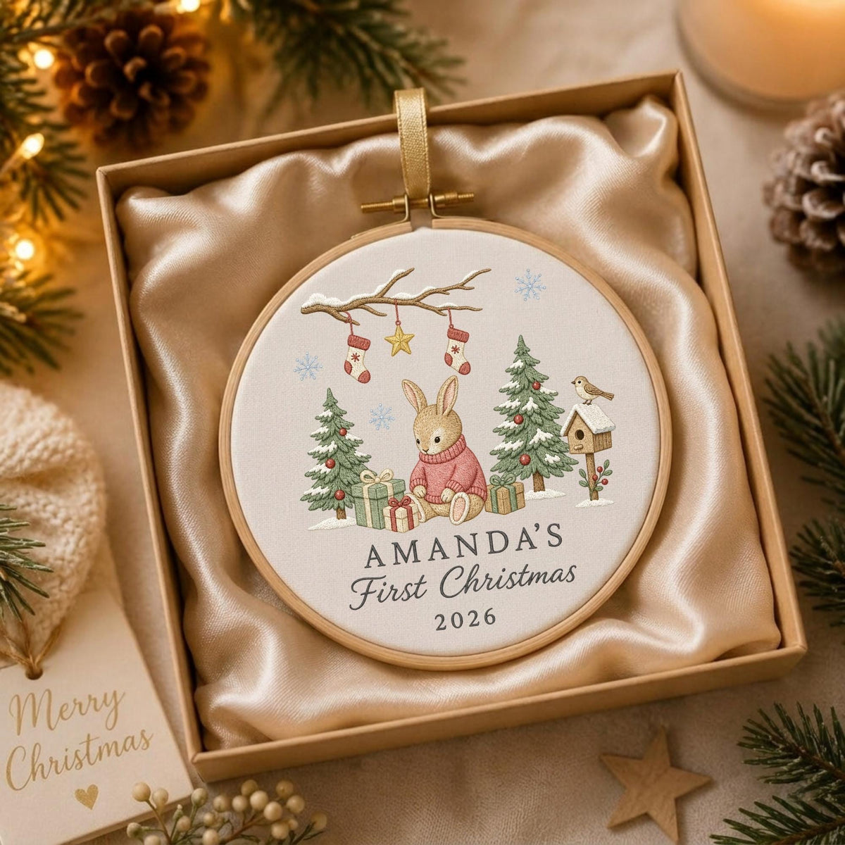 May include: A round wooden embroidery hoop ornament featuring a beige fabric center with a printed illustration of a rabbit in a pink sweater, Christmas trees, gifts, and stockings. The text reads AMANDA'S First Christmas 2026 in black font.