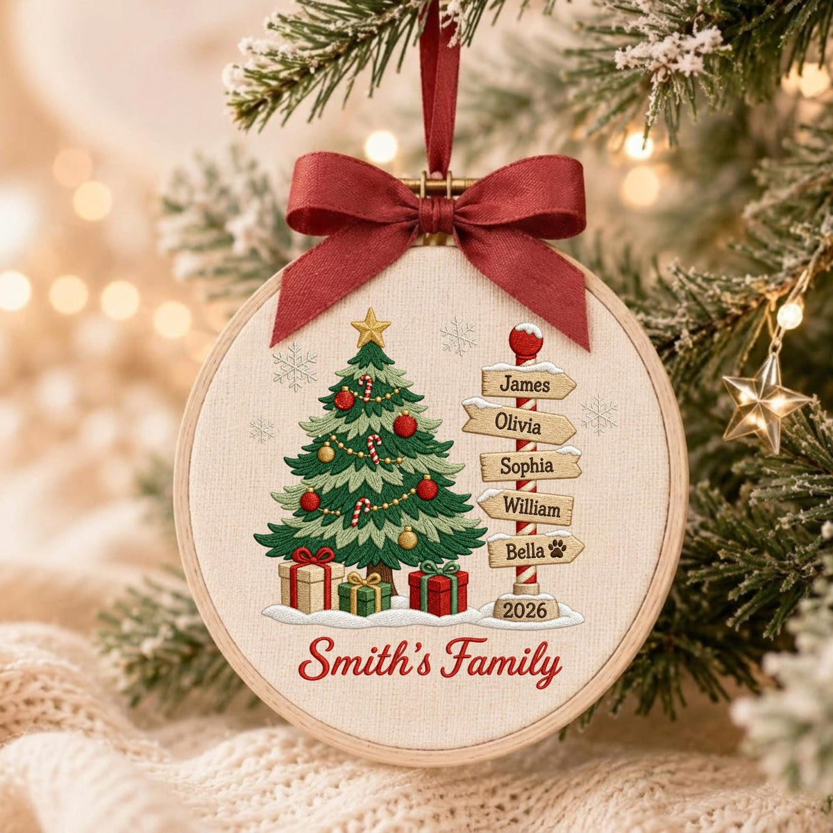 May include: A round wooden embroidery hoop ornament featuring a fabric panel with a Christmas tree, wrapped gifts, and a signpost with the names James, Olivia, Sophia, William, and Bella, plus the year 2026 and Smith's Family, topped with a red ribbon.