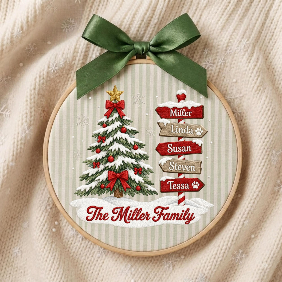May include: A round embroidery hoop featuring a Christmas tree with red ornaments and a gold star, next to a signpost with the names Miller, Linda, Susan, Steven, and Tessa. The text The Miller Family is printed below, topped with a green satin bow.