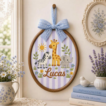 Personalized Embroidered Safari Ornament, Custom Name Nursery Decor, Giraffe Zebra Elephant Baby Gift, Jungle Animal Keepsake