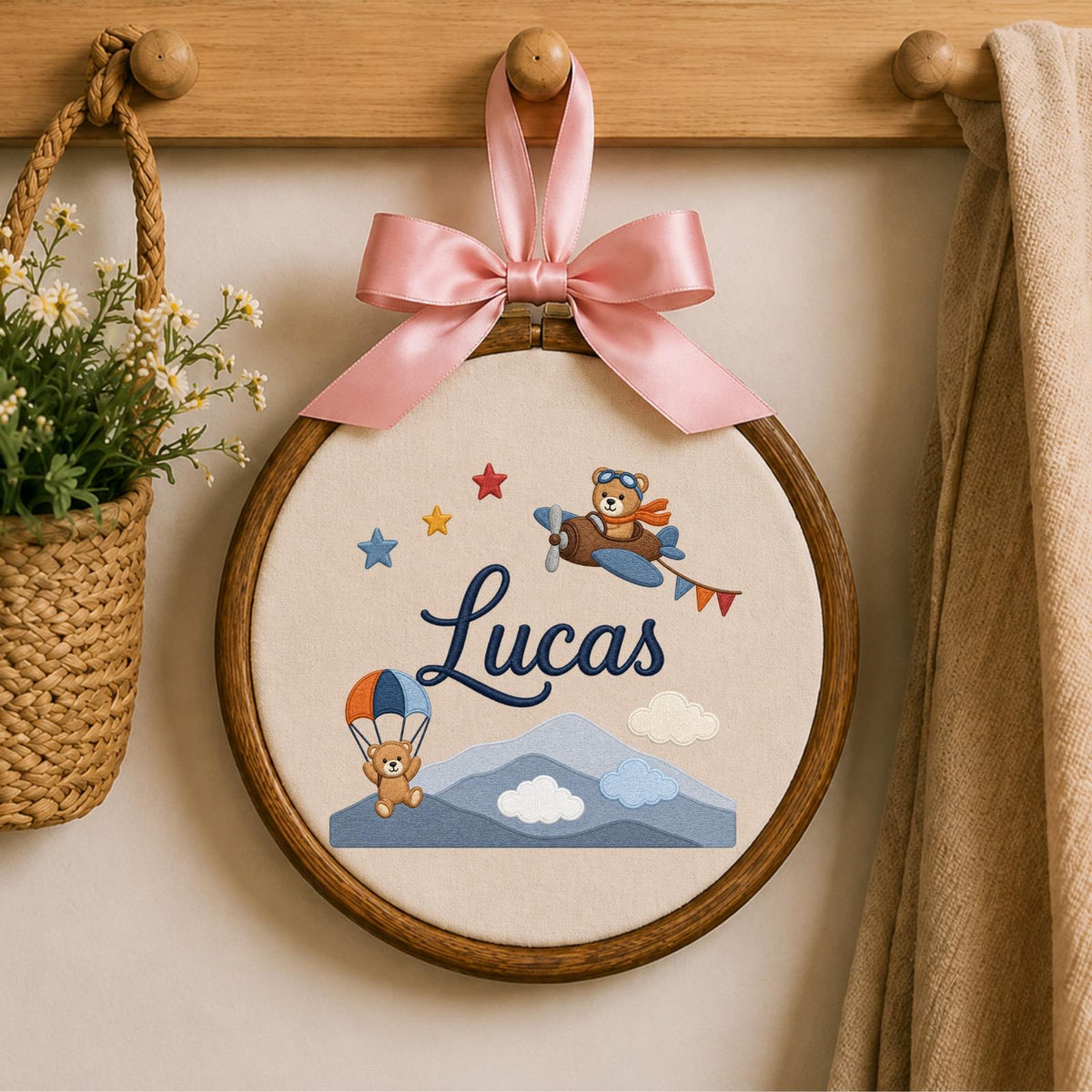 Personalized Embroidered Baby Ornament, Custom Name Teddy Bear Adventure Decor, Airplane Nursery Gift, Baby Boy Keepsake