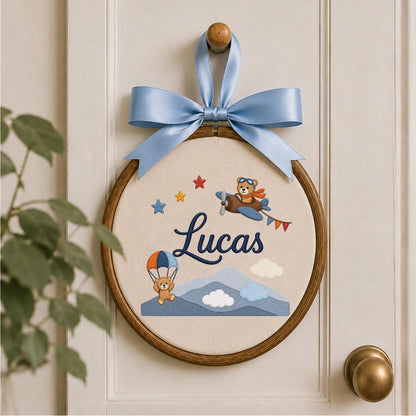 Personalized Embroidered Baby Ornament, Custom Name Teddy Bear Adventure Decor, Airplane Nursery Gift, Baby Boy Keepsake