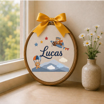 Personalized Embroidered Baby Ornament, Custom Name Teddy Bear Adventure Decor, Airplane Nursery Gift, Baby Boy Keepsake