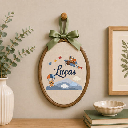 Personalized Embroidered Baby Ornament, Custom Name Teddy Bear Adventure Decor, Airplane Nursery Gift, Baby Boy Keepsake