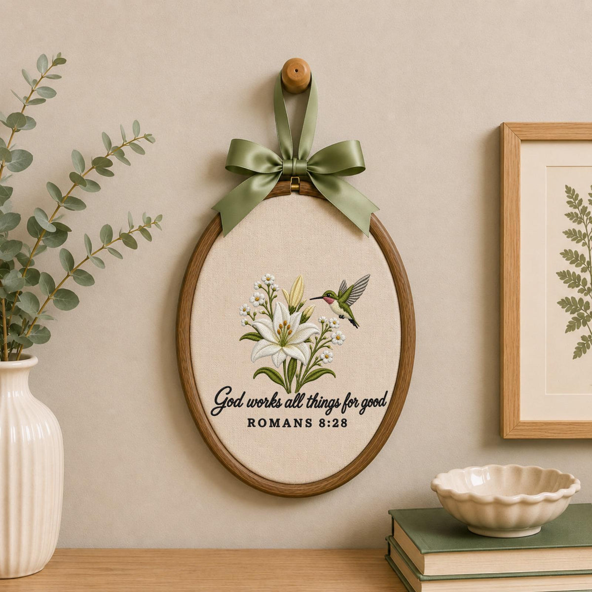 Personalized Embroidered Christian Ornament, Romans 8:28 Bible Verse Decor, Hummingbird Lily Faith Gift, Religious Keepsake