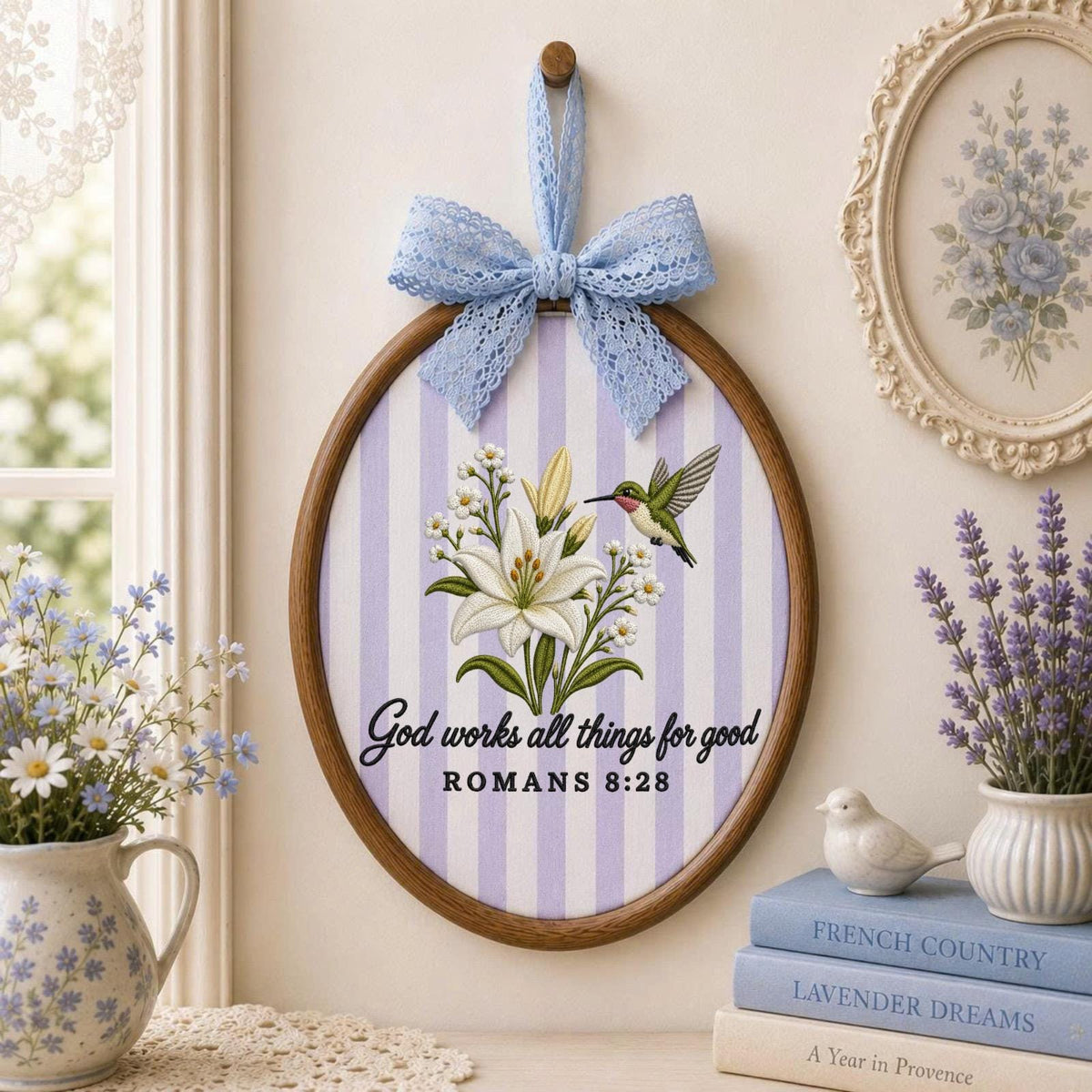Personalized Embroidered Christian Ornament, Romans 8:28 Bible Verse Decor, Hummingbird Lily Faith Gift, Religious Keepsake