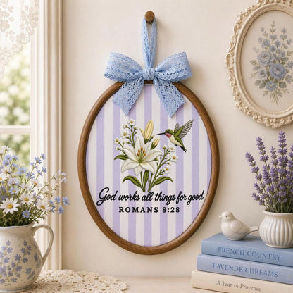 Personalized Embroidered Christian Ornament, Romans 8:28 Bible Verse Decor, Hummingbird Lily Faith Gift, Religious Keepsake