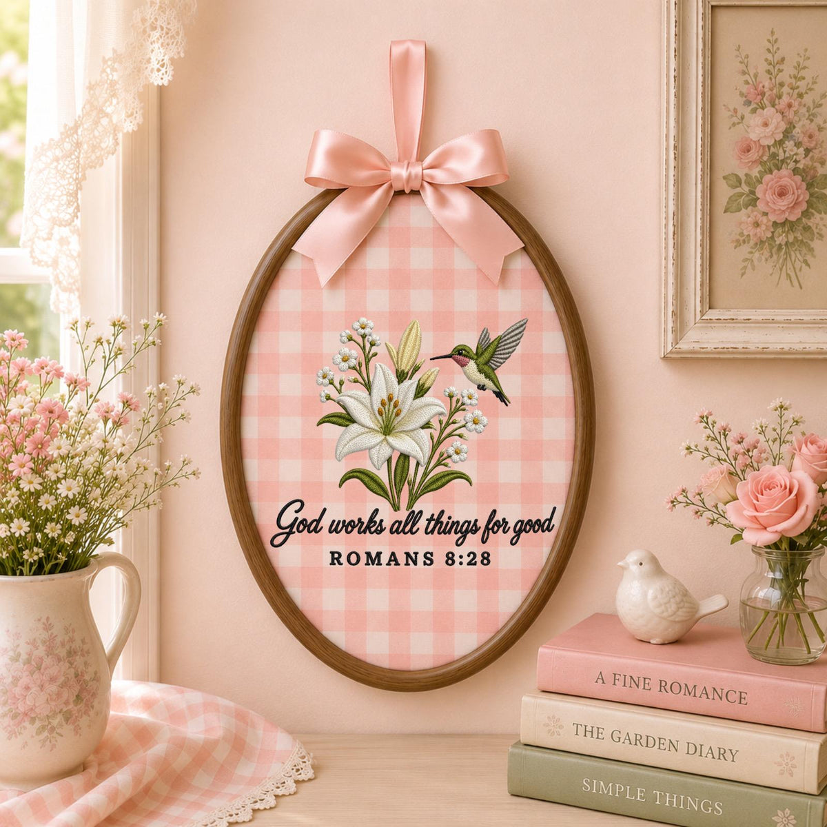 Personalized Embroidered Christian Ornament, Romans 8:28 Bible Verse Decor, Hummingbird Lily Faith Gift, Religious Keepsake