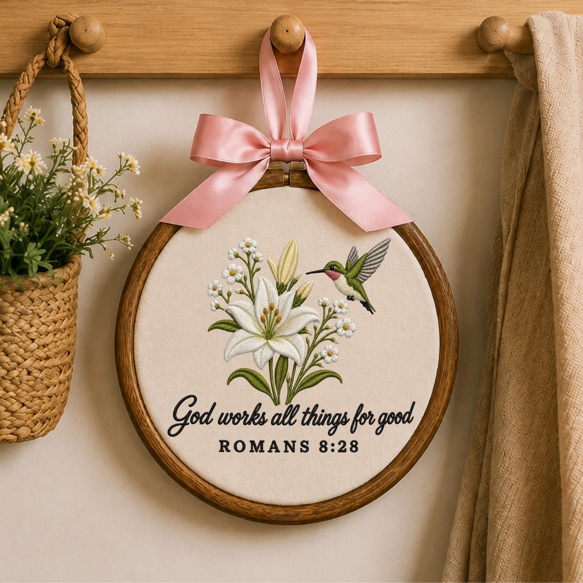 Personalized Embroidered Christian Ornament, Romans 8:28 Bible Verse Decor, Hummingbird Lily Faith Gift, Religious Keepsake