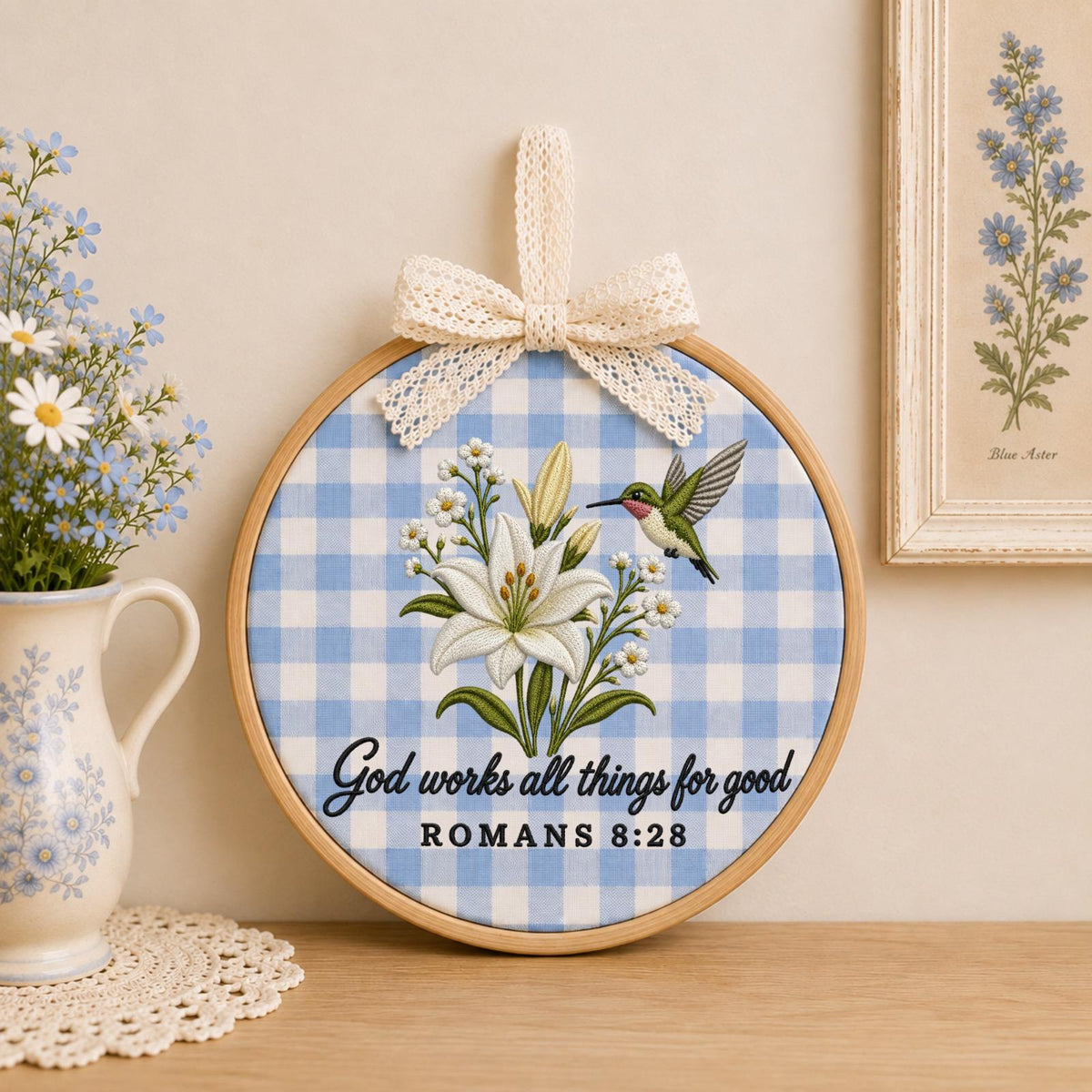 Personalized Embroidered Christian Ornament, Romans 8:28 Bible Verse Decor, Hummingbird Lily Faith Gift, Religious Keepsake