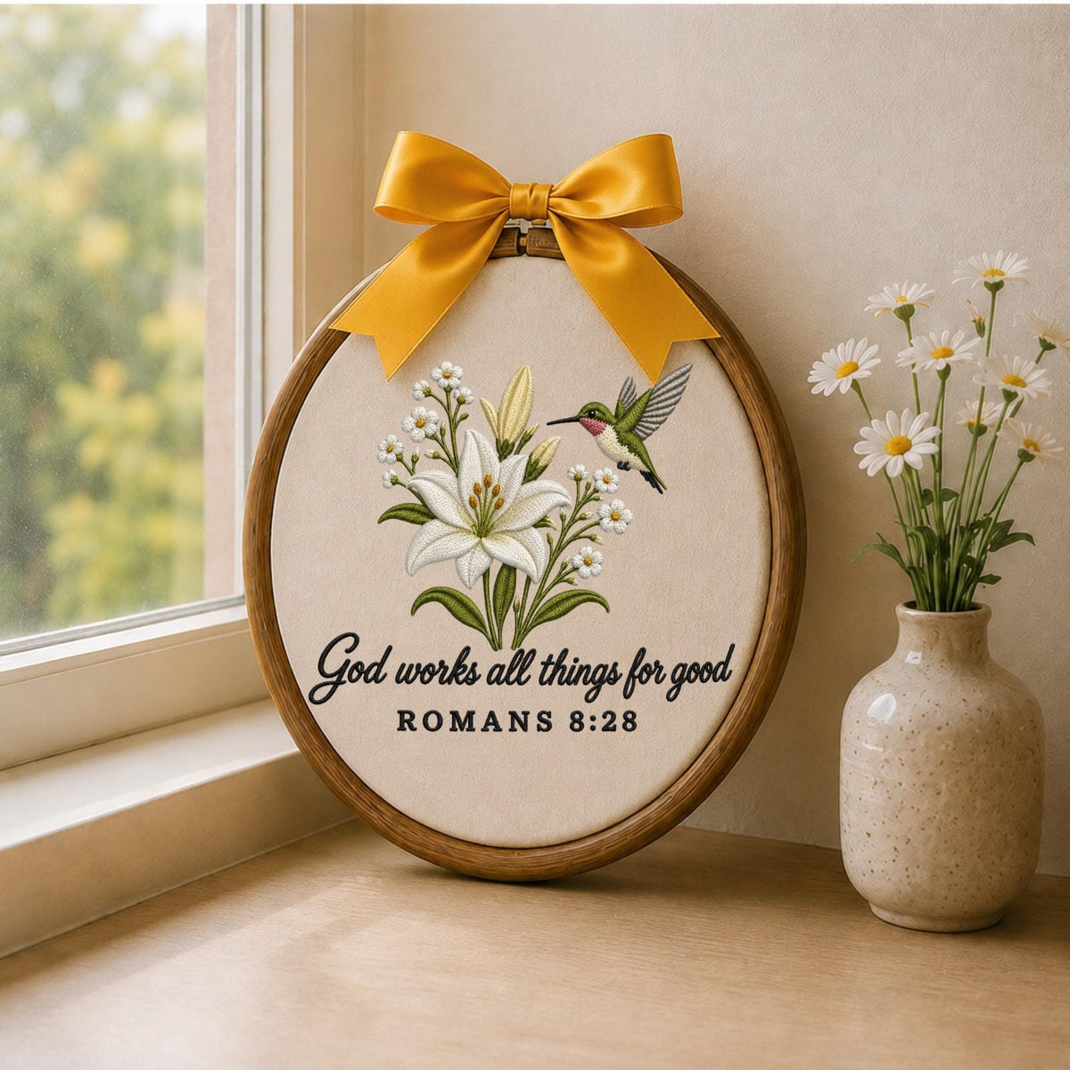 Personalized Embroidered Christian Ornament, Romans 8:28 Bible Verse Decor, Hummingbird Lily Faith Gift, Religious Keepsake
