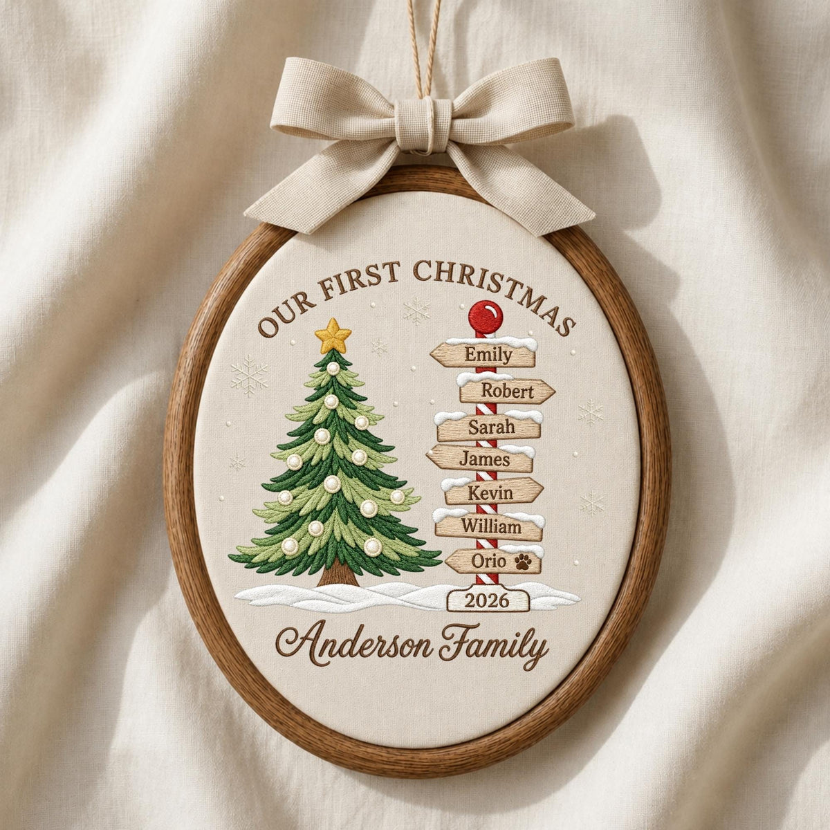 May include: An oval wooden embroidery hoop ornament featuring a cream fabric background with a green Christmas tree, a signpost with names Emily, Robert, Sarah, James, Kevin, William, Orio, the year 2026, and Anderson Family text, topped with a beige bow.