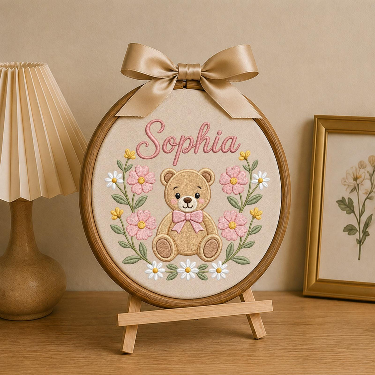 Personalized Embroidered Ornament, Teddy Bear Name Hoop, Floral Baby Girl Nursery Decor, Custom Newborn Gift, Baby Shower Keepsake