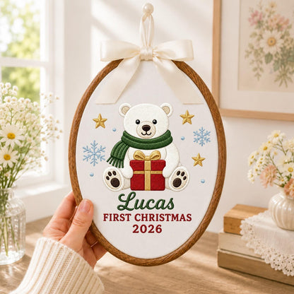 Personalized Embroidered Ornament, Baby First Christmas Polar Bear Hoop, Custom Name Christmas Decor, Newborn Holiday Keepsake Gift