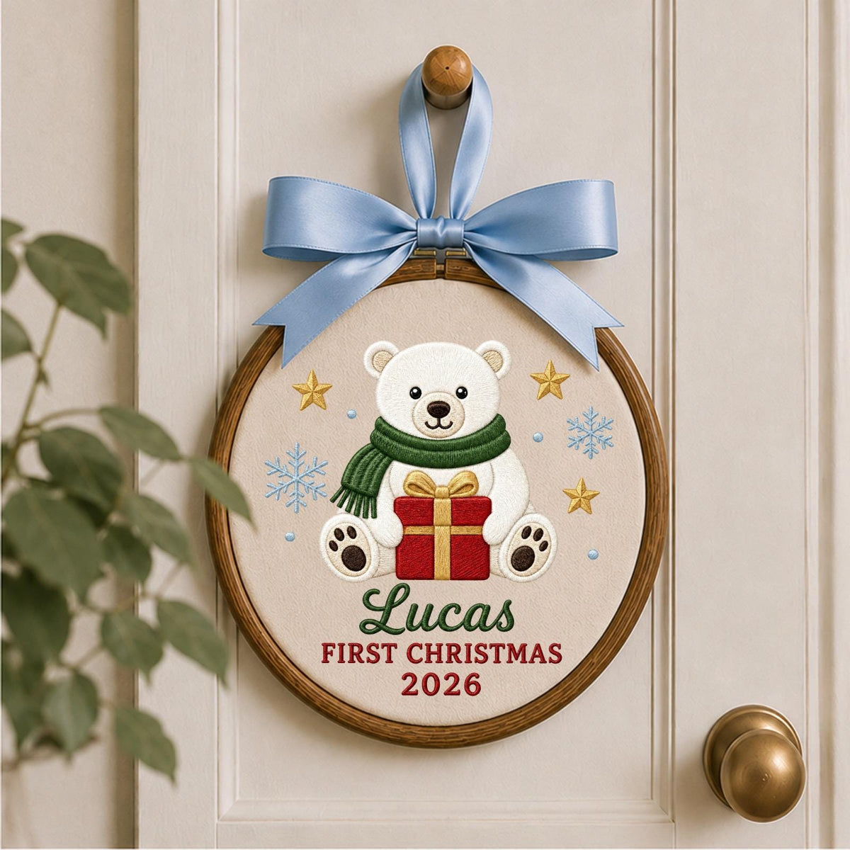 Personalized Embroidered Ornament, Baby First Christmas Polar Bear Hoop, Custom Name Christmas Decor, Newborn Holiday Keepsake Gift