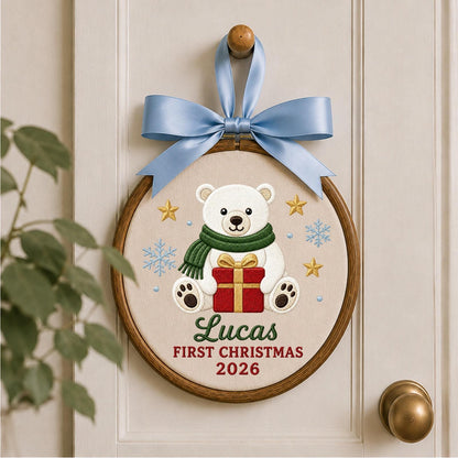 Personalized Embroidered Ornament, Baby First Christmas Polar Bear Hoop, Custom Name Christmas Decor, Newborn Holiday Keepsake Gift