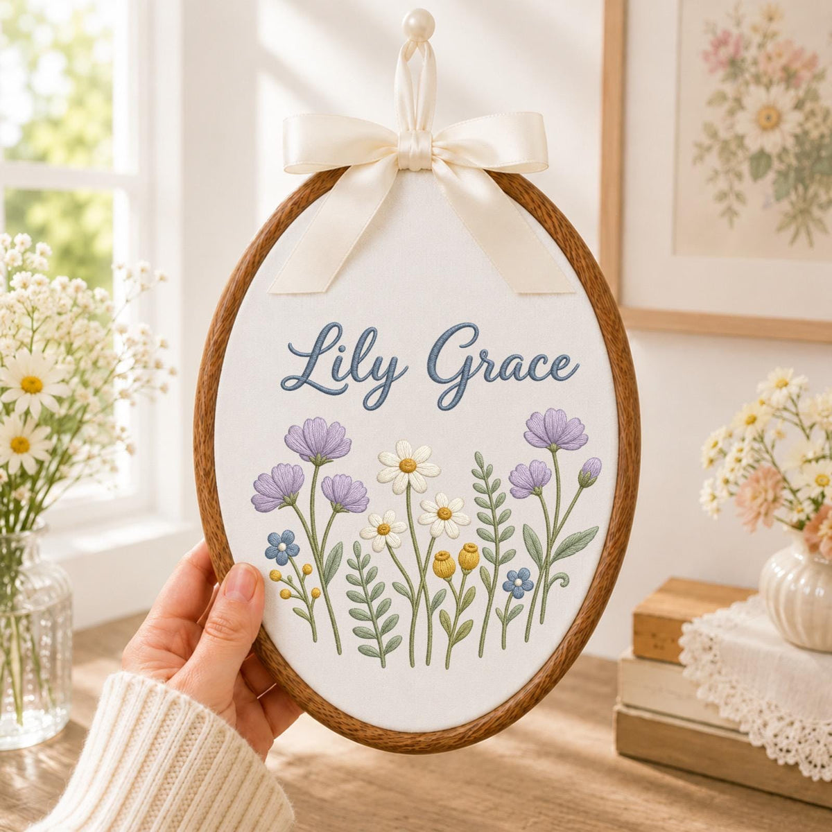 Personalized Embroidered Ornament, Floral Name Hoop, Custom Baby Girl Nursery Decor, Wildflower Wall Art, Newborn Baby Shower Gift