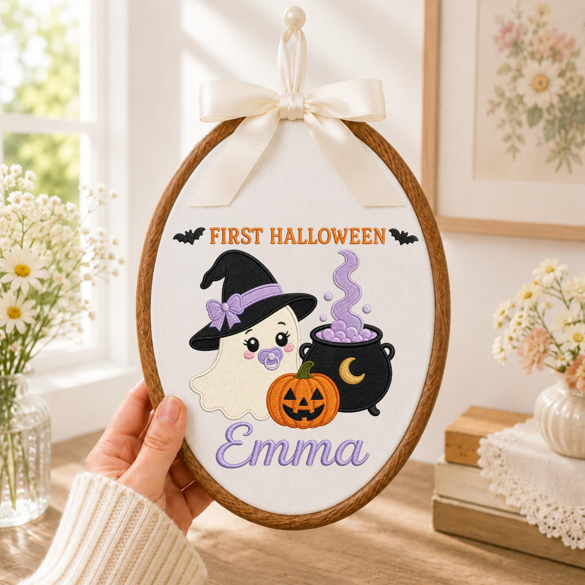 Personalized Embroidered Ornament, Baby First Halloween Ghost Name Hoop, Custom Spooky Nursery Decor, Halloween Baby Gift, Keepsake