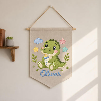 Personalized Embroidered Dinosaur Wall Hanging Banner, Custom Baby Name Sign, Baby Boy Nursery Decor, Newborn Gift, Kids Room Decor